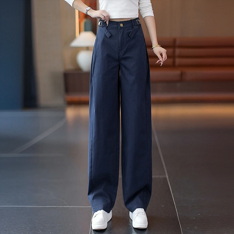 宽松显瘦阔腿工装裤女2025早秋新款高腰休闲弯刀裤洗水棉软牛仔裤