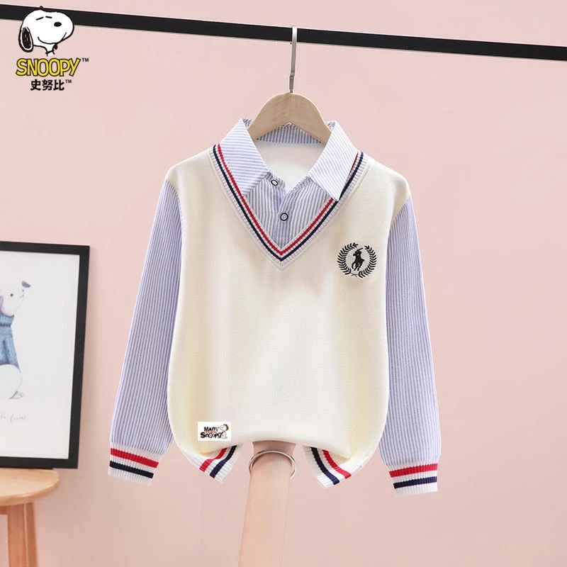 史努比男童假两件卫衣2025秋冬新款洋气中大童男孩休闲百搭打底衫