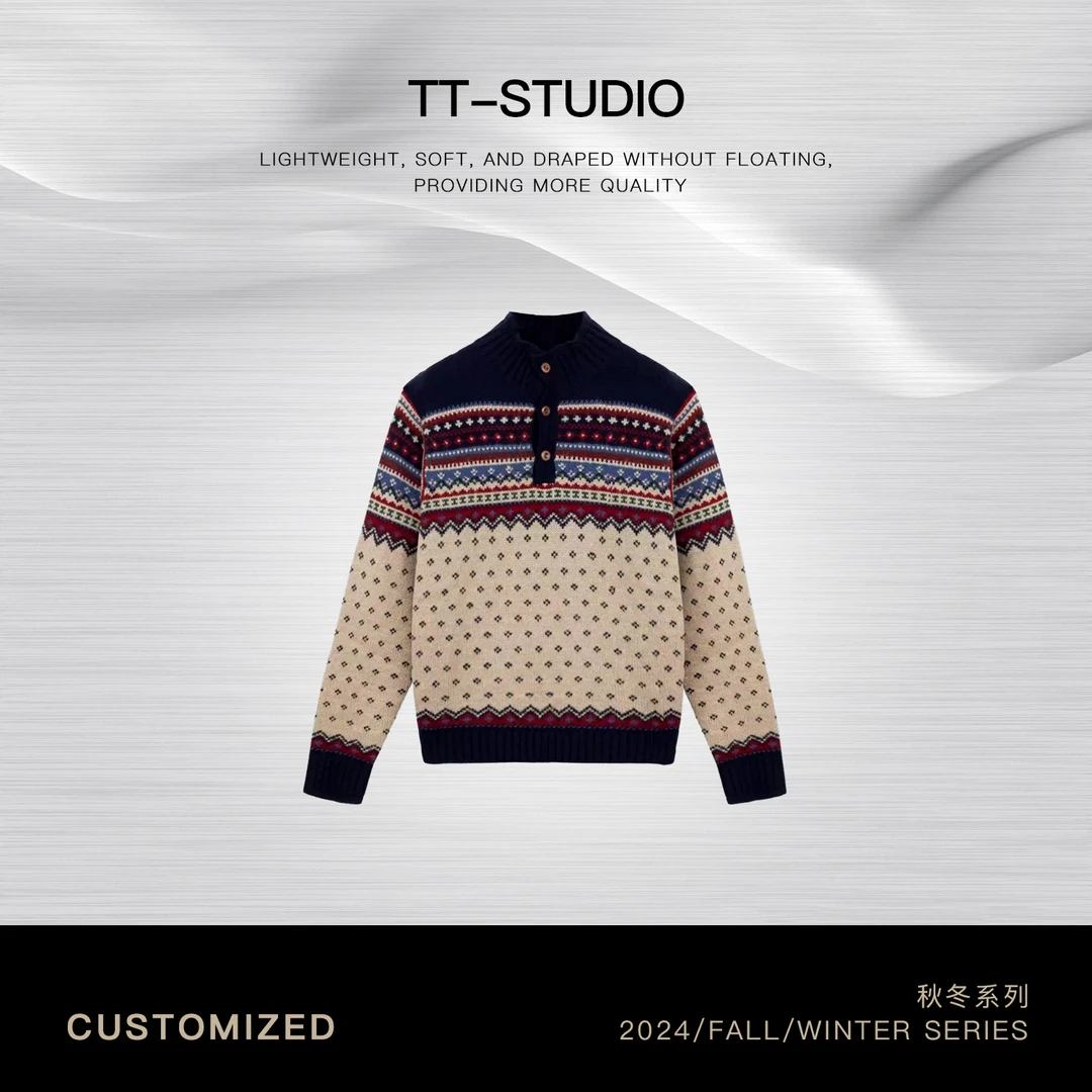 TT【老钱毛衣】北欧风费尔岛提花半开领撞色针织衫毛衣TT-LC2116