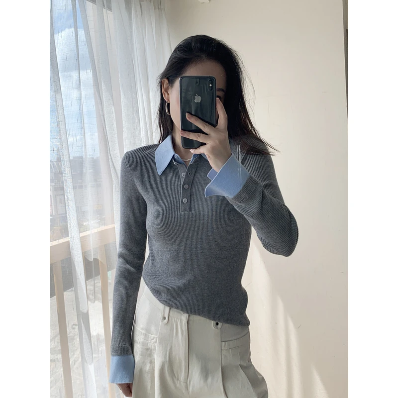 【日常系列】毛针织衫秋季polo修身POLO领长袖翻领街头风