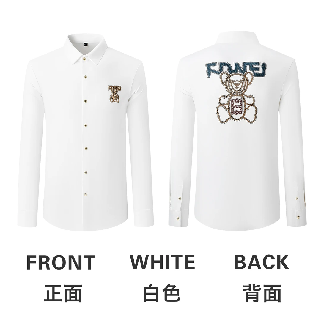 3D立体硅胶小熊高端男士衬衫潮流时尚修身休闲免烫抗皱长袖衬衣