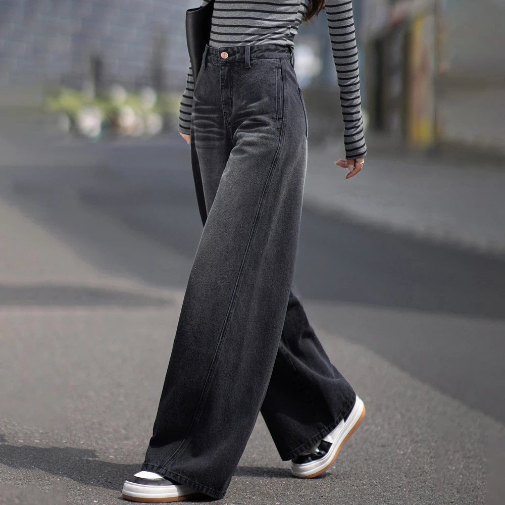 黑灰阔腿牛仔裤女爆款2025秋冬加绒加厚高腰宽松简约休闲直筒裤子