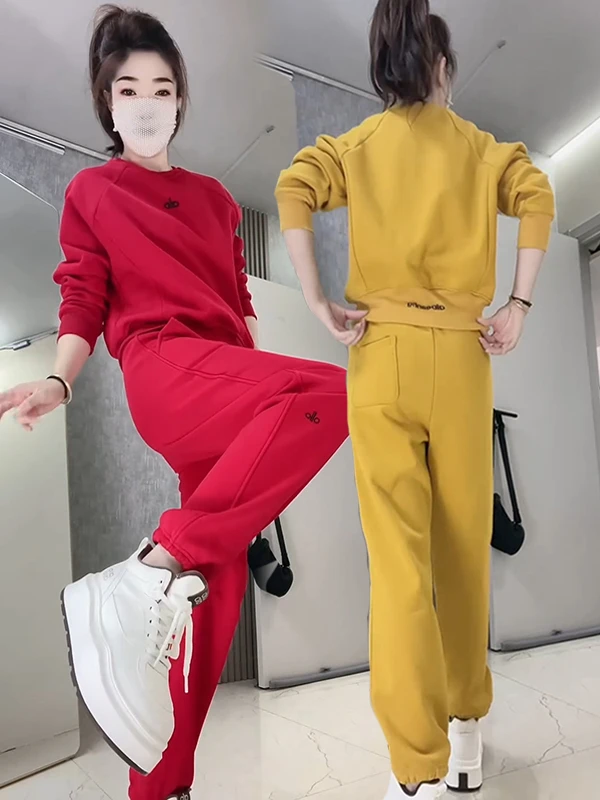 圆领刺绣冬季加绒加厚运动套装时尚炸街宽松卫衣运动裤洋气时髦款