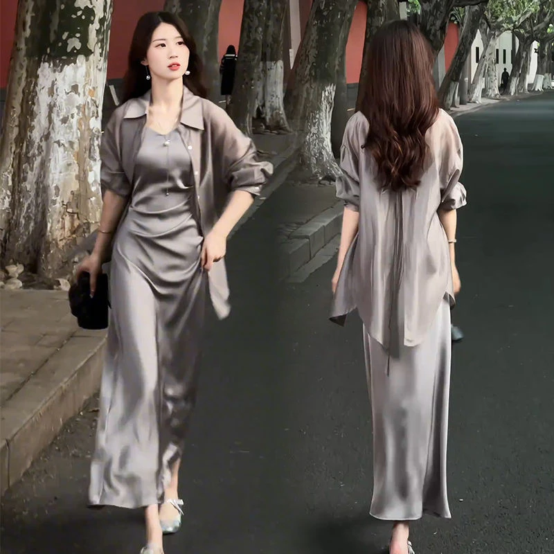 吊带连衣裙套装女防晒开衫衬衣2024夏新款高级感轻熟风长裙两件套