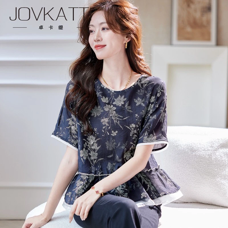 Jovkatti圆领印花短袖衬衫宽松时尚上衣夏季