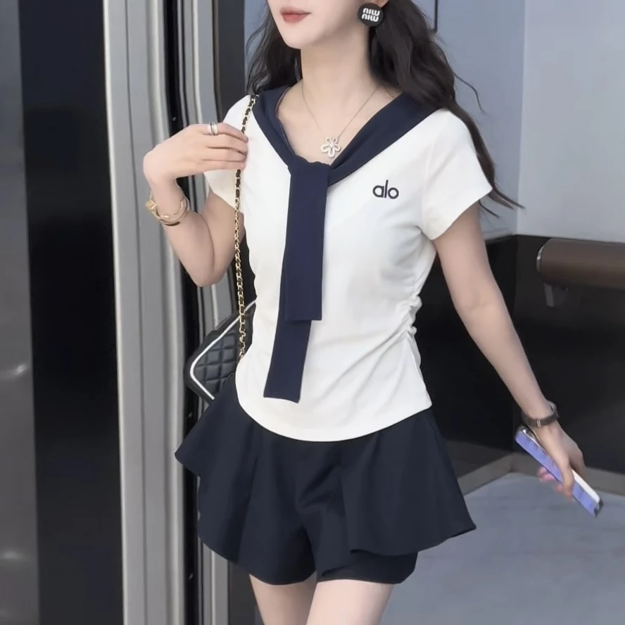 撞色V领海军蓝假两件拼接T桖】2025夏季收腰显瘦上衣