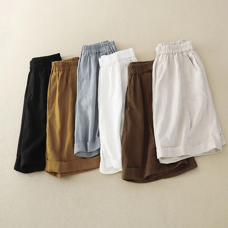 棉麻短裤女夏薄款松紧衣服2025新款短袖宽松a字休闲五分裤中裤