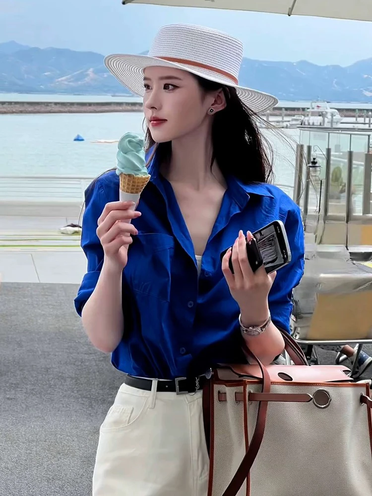 克莱因蓝色衬衫外套女早春2025新款夏季长袖衬衣法式气质宽松上衣