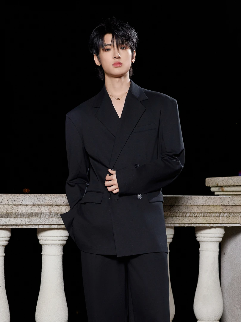张峻豪明星同款黑色西装男士韩版双排扣商务风痞帅高级感西服套装