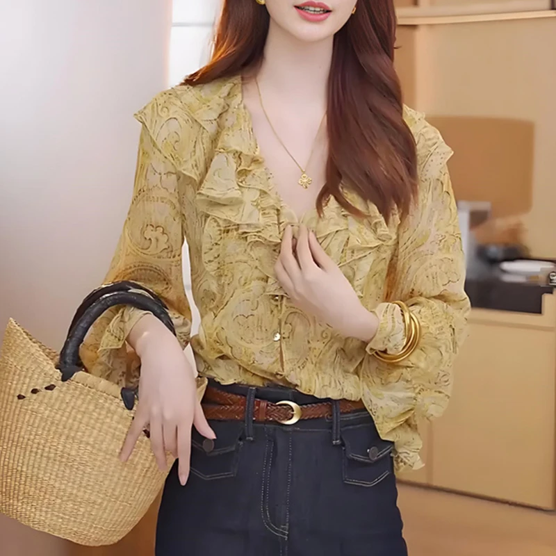 法式复古荷叶边V领印花衬衫女早秋新款设计感小众别致长袖上衣潮