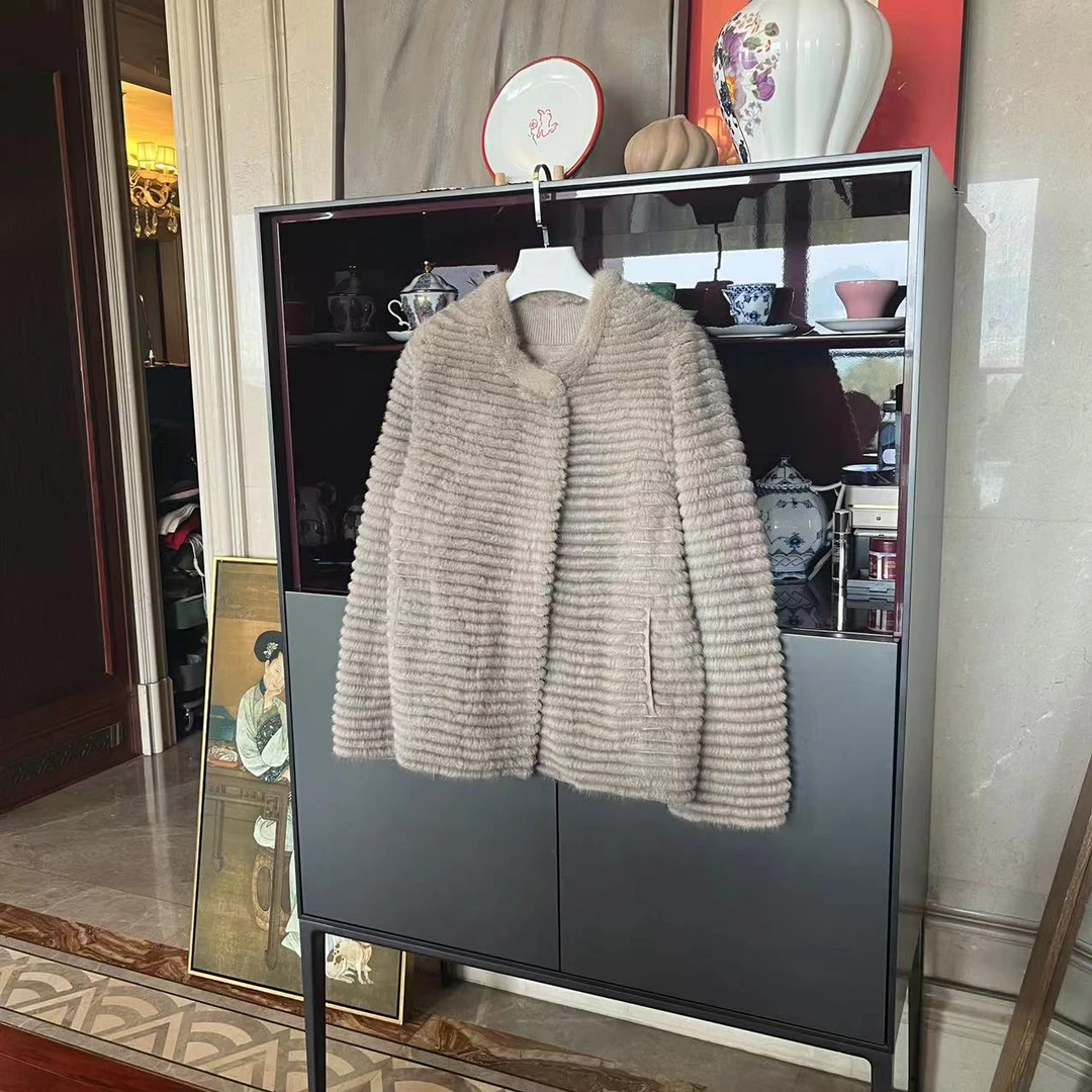 MYL 水貂灰色皮草2023秋冬新品圆领长袖休闲宽松时尚两穿外套