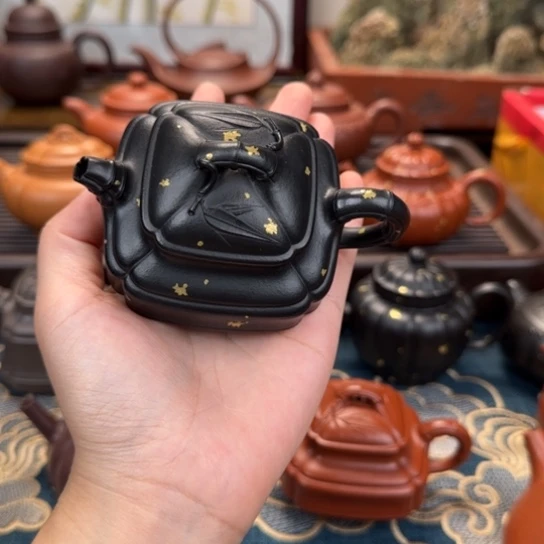 清***香茶壶紫砂四方竹鼓焐灰洒金