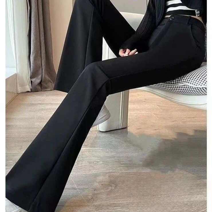 弹力微喇裤夏季休闲裤女裤微喇叭外穿显高显瘦高腰春秋黑色垂感修