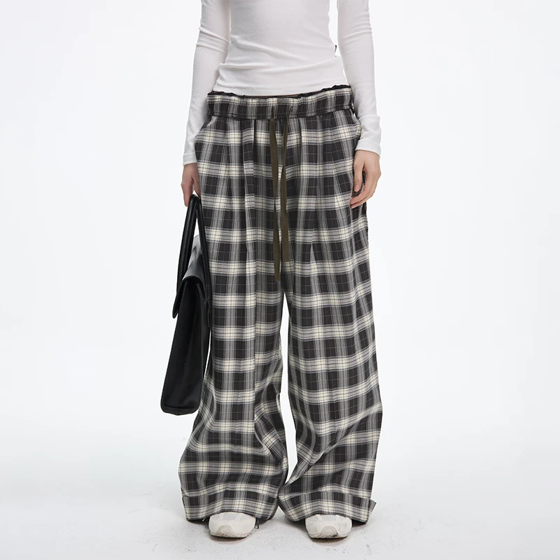 JUMPNEXT春季复古廓形感格纹休闲裤阔腿宽松慵懒松弛长裤