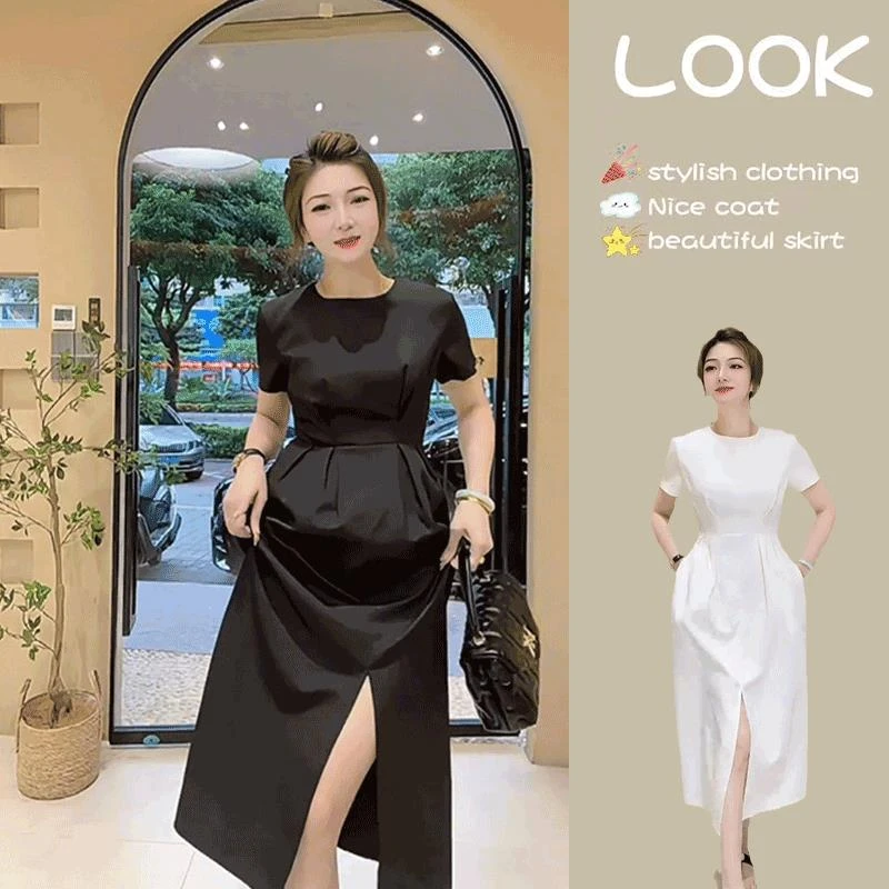 赫本风气质开叉连衣裙女装2025夏季新款白色时尚高级感小个子裙子