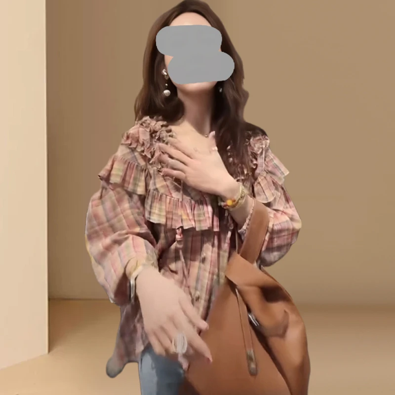 韩系复古荷叶边格子v领衬衫女夏设计感小众衬衣宽松防晒上衣薄款