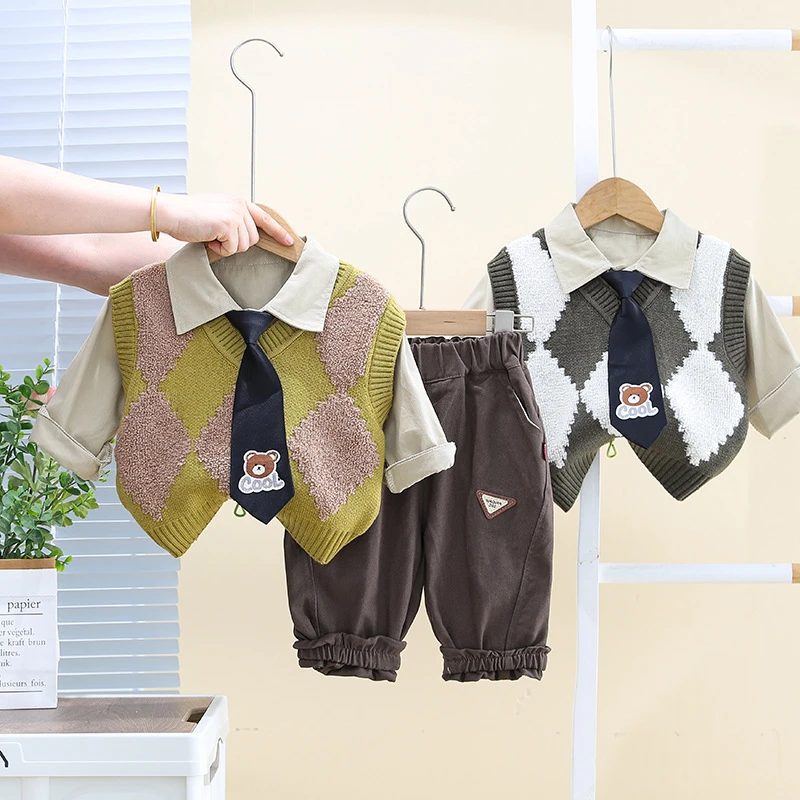 【沫沫家】儿童套装宝宝春秋季新款韩版婴儿菱形毛衣领带熊三件套