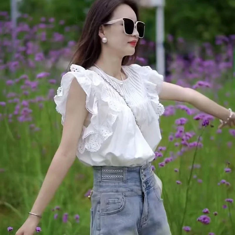 白色上衣女2025夏季新款超仙甜美荷叶蕾丝双层飞飞袖减龄百搭小衫