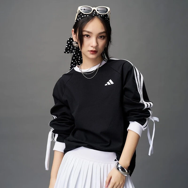 Adidas阿迪达斯长袖女秋季三条纹舞动系列纯棉运动休闲打底衫T恤