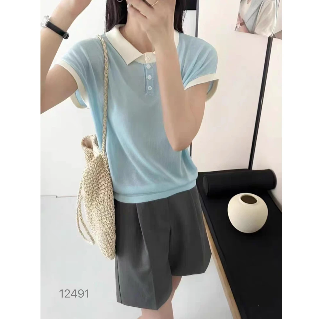 12491（部分无水洗唛，介意慎拍） WANGDAN新款撞色翻领短袖