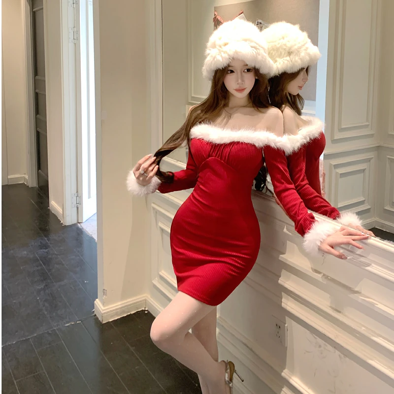 裙子圣诞氛围感秋冬辣妹毛毛领一字肩连衣裙女内搭性感显瘦包臀