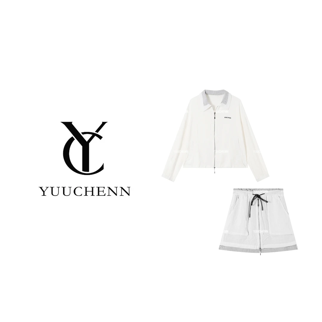 YUUCHENN 时尚简约设计翻领休闲拼接套装-HRBXD762