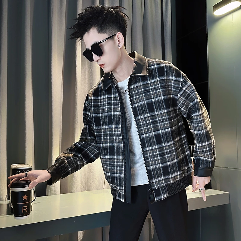 格子外套男款春秋季潮牌痞帅翻领夹克2025新款高级感男装休闲上衣