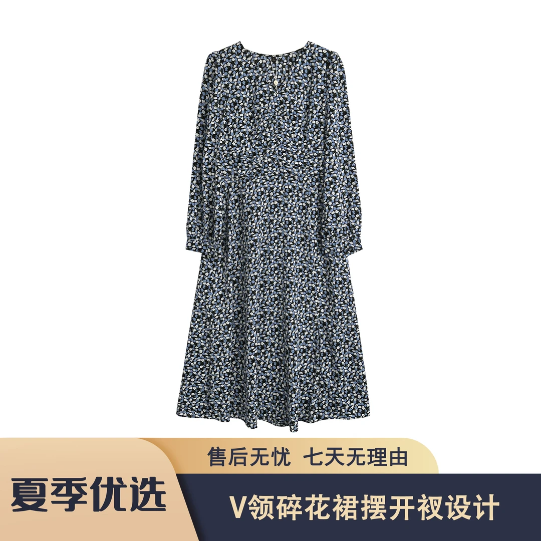 S520 熙BT2025秋季法式浪漫V领碎花裙摆开衩连衣裙XBTE24AL537款
