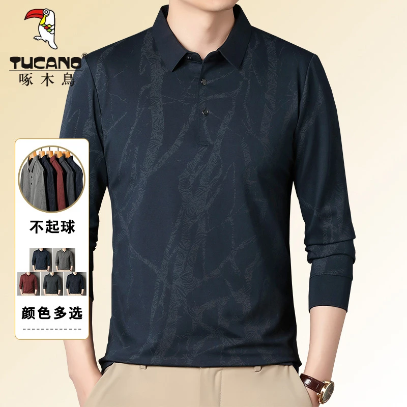 啄木鸟男装秋季新款翻领休闲中年男士Polo衫时尚百搭宽松长袖t恤