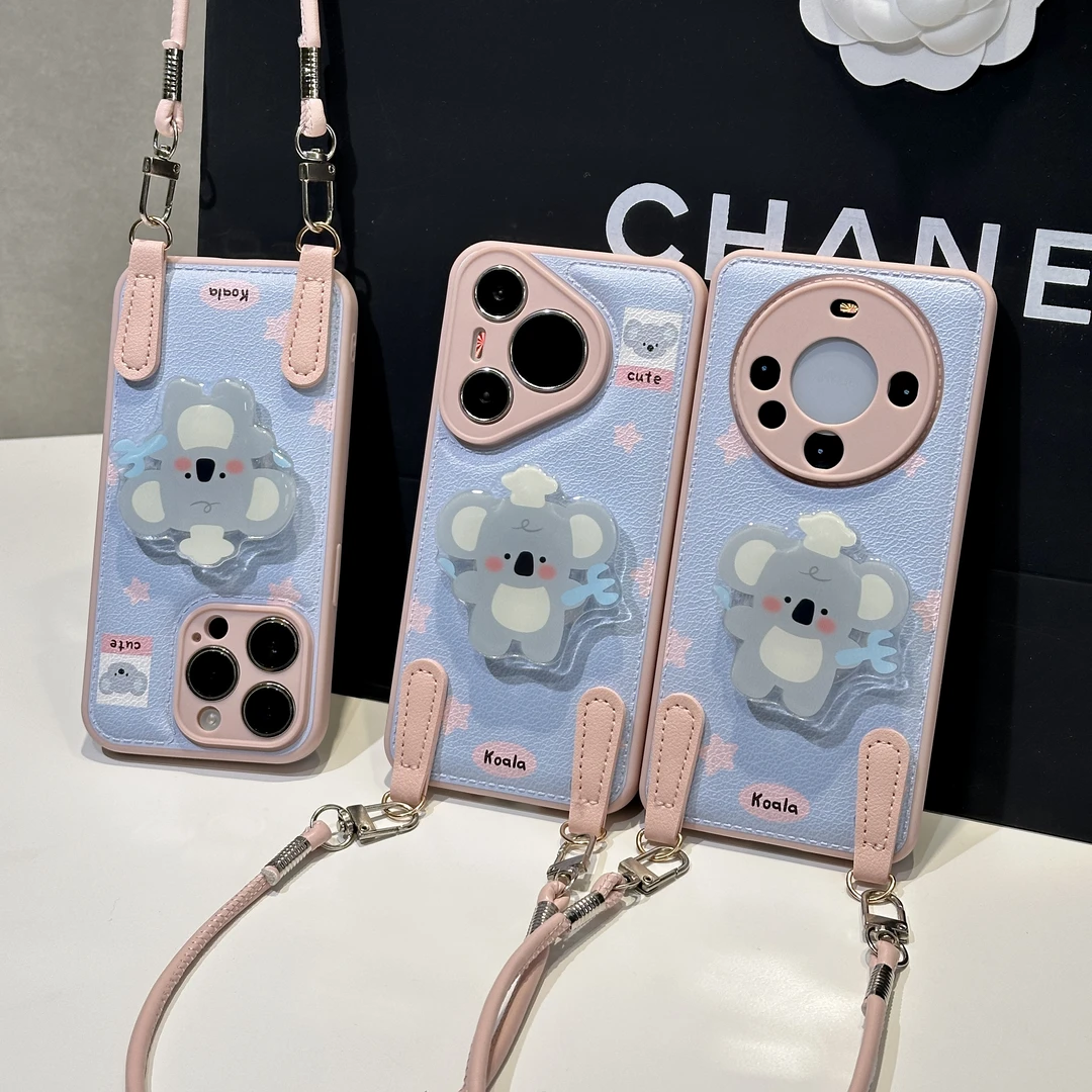 粉星厨师考拉支架适用苹果16挂绳手机壳17华为70vivoppo小米15套