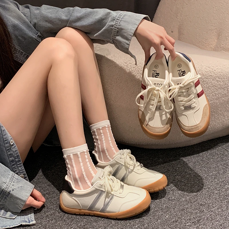贾不假真皮德训鞋女款2025春季新款街拍时尚学生轻便平底休闲板鞋