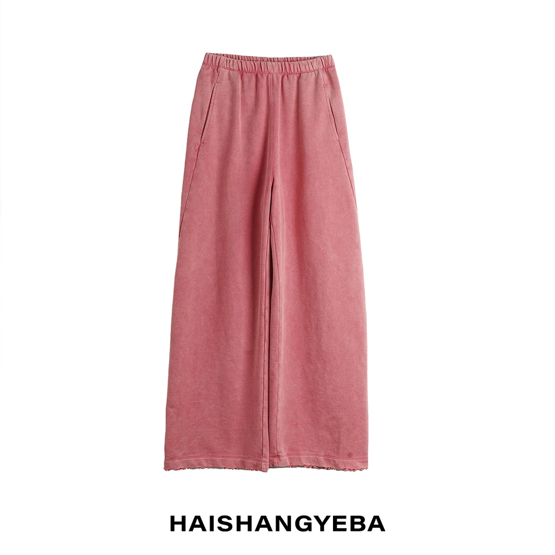 【海上叶爸】新款2025秋冬百搭棉松紧腰厚款水洗破边直筒休闲裤