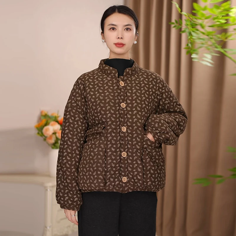 2025新款加绒加厚麻棉风上衣冬季保暖显瘦棉服韩版大口袋复古风