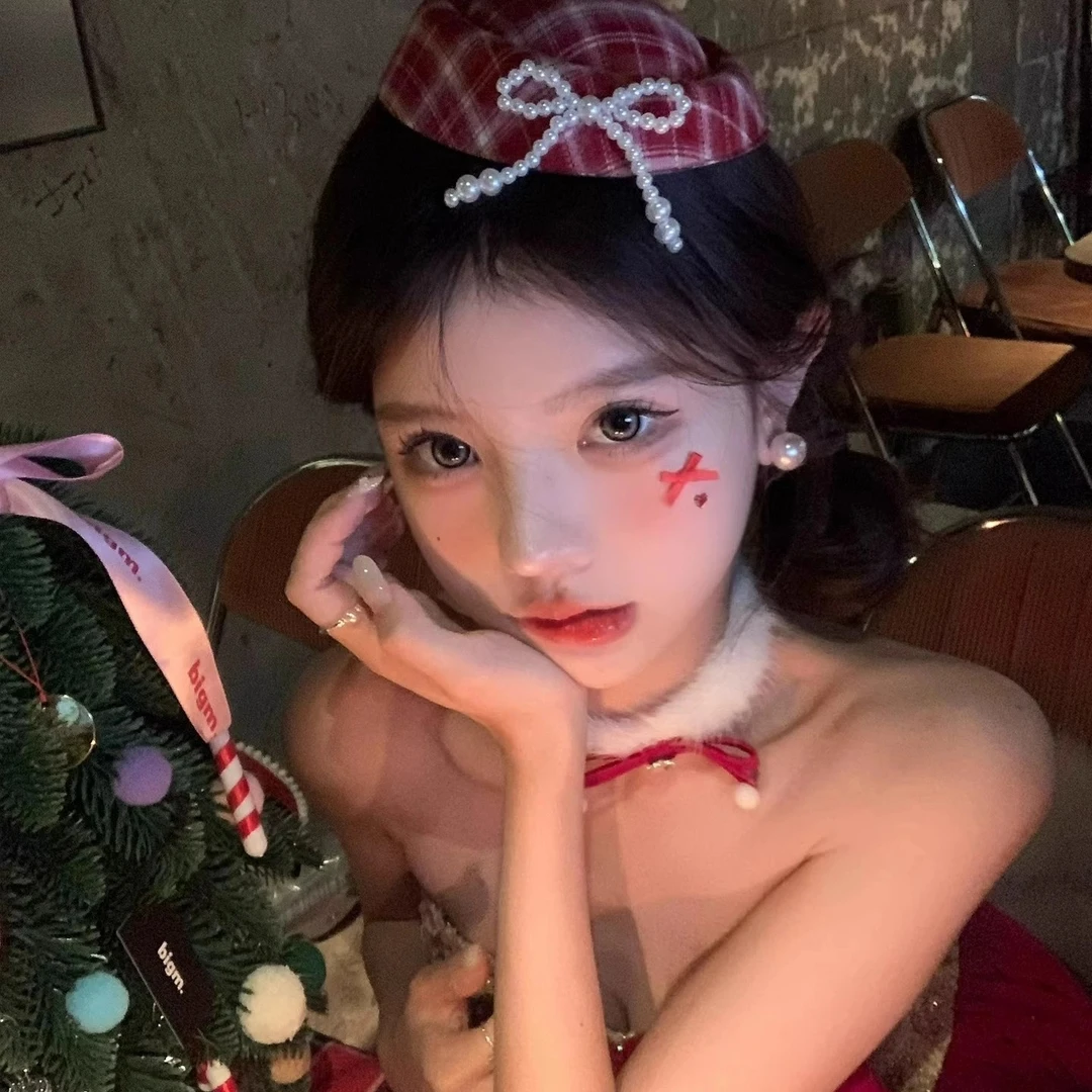 圣诞美学 红色格纹雪花闪锆小礼帽发夹女氛围感头饰发饰