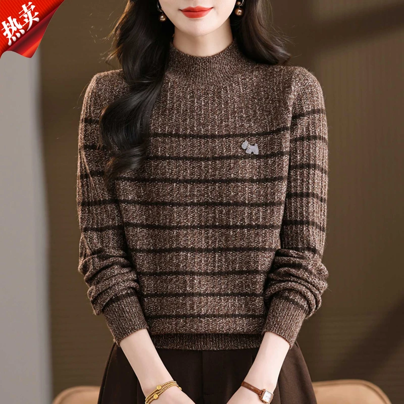 【原版正品】羊毛衫女高领条纹秋冬高级感针织衫时尚宽松内搭毛衣