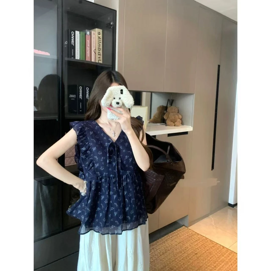 【梵高的星夜】宽松显瘦木耳边碎花花边无袖上衣