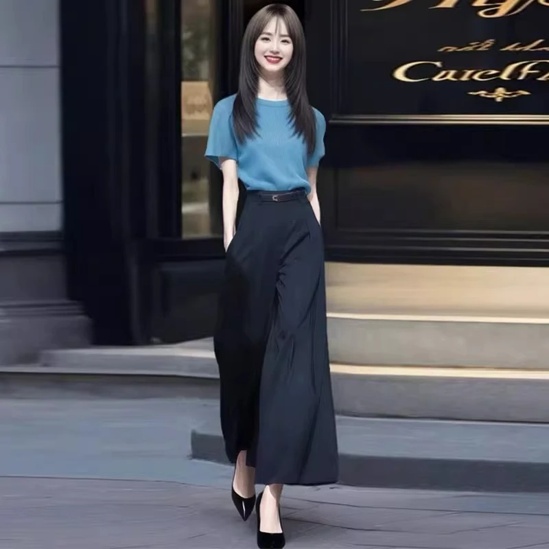 时尚套装女2025夏季新款洋气显瘦冰丝短袖高腰阔腿裤气质两件套潮