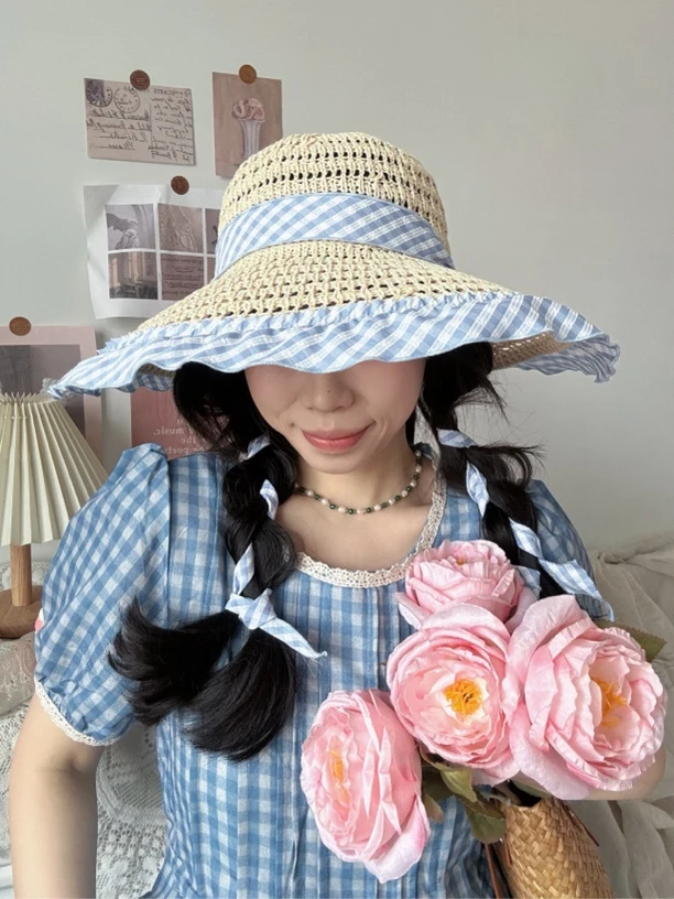 蓝格子飘带镂空编织草帽女夏季大帽檐遮阳防晒帽法式海边度假帽子