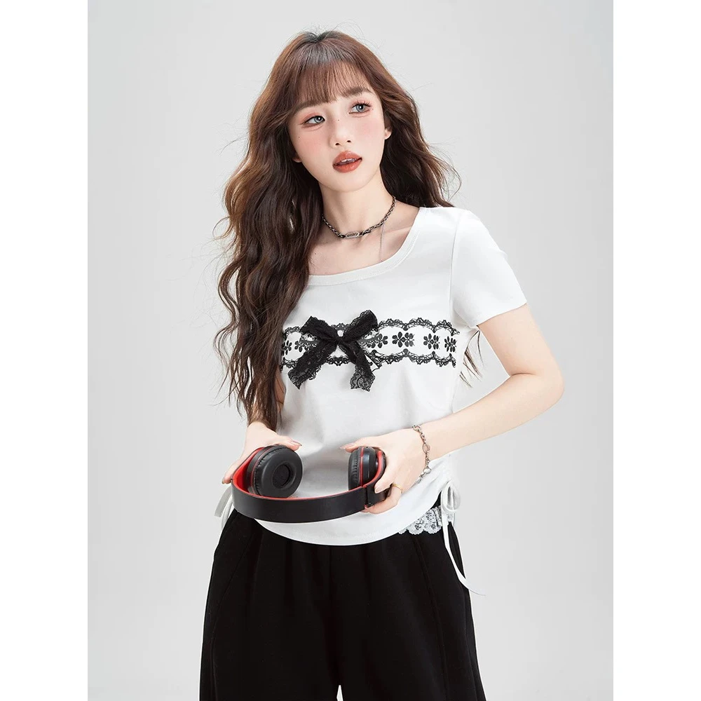 妮妮家2332新款法式气质蕾丝蝴蝶结抽绳系带短袖