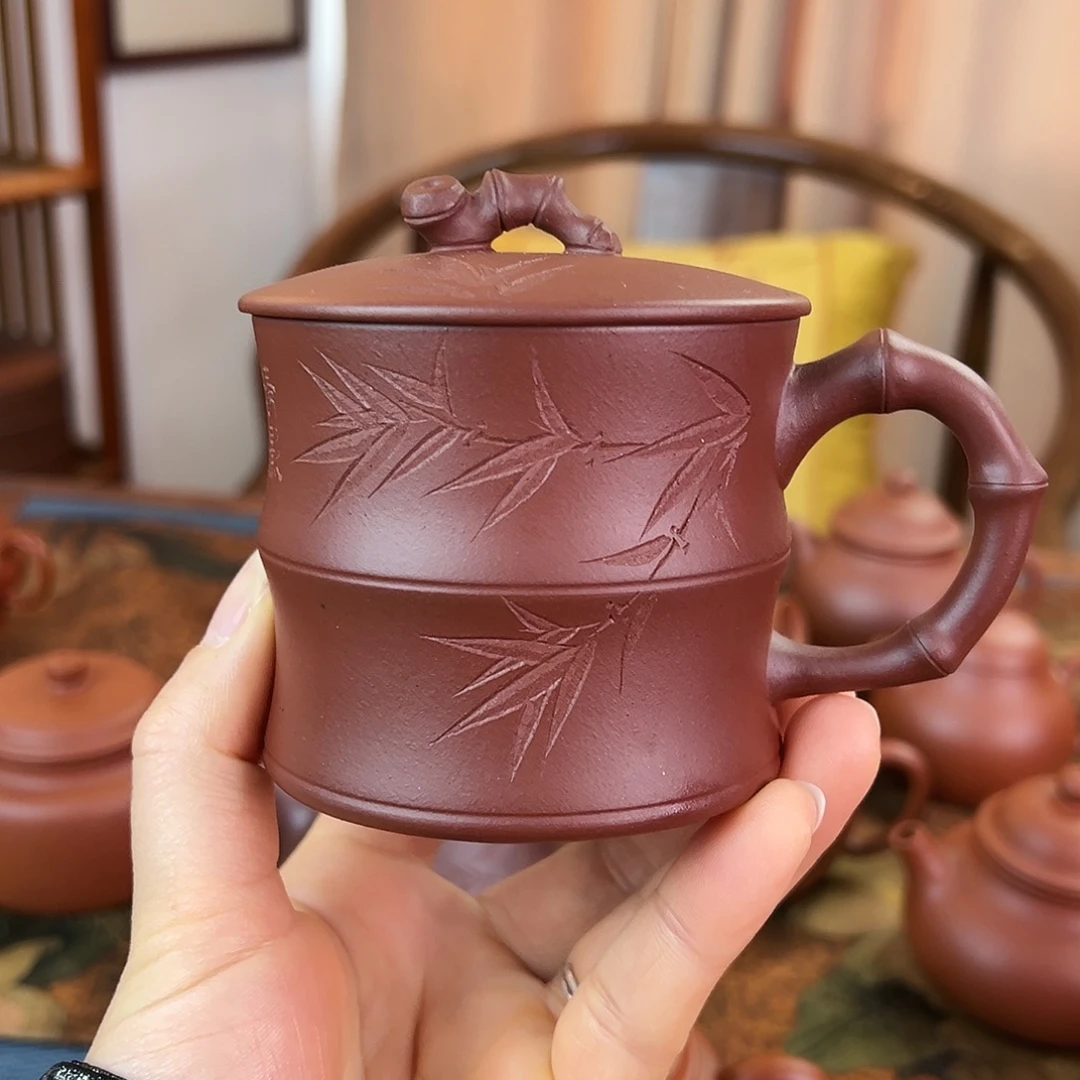 茶壶紫砂精品  竹节盖杯 紫泥 240cc