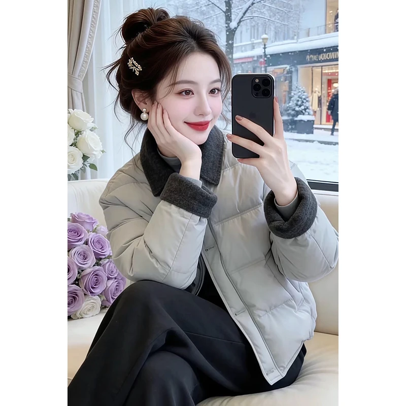 韩系撞色毛呢拼接翻领单排扣棉服女2025冬季新款宽松加厚保暖外套