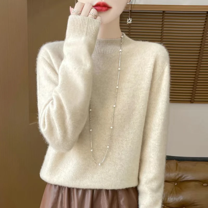 一线成衣半高领100纯羊毛套头毛衣女秋冬宽松内搭针织打底