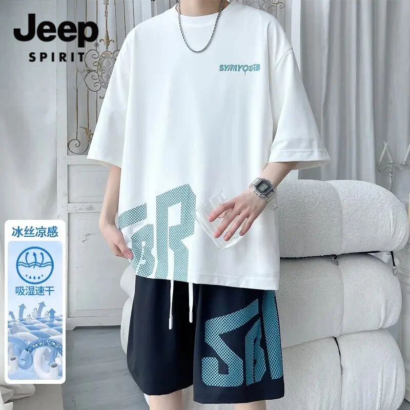 JEEP吉普冰丝套装男装夏季新款百搭速干印花套装男潮流薄款两件套