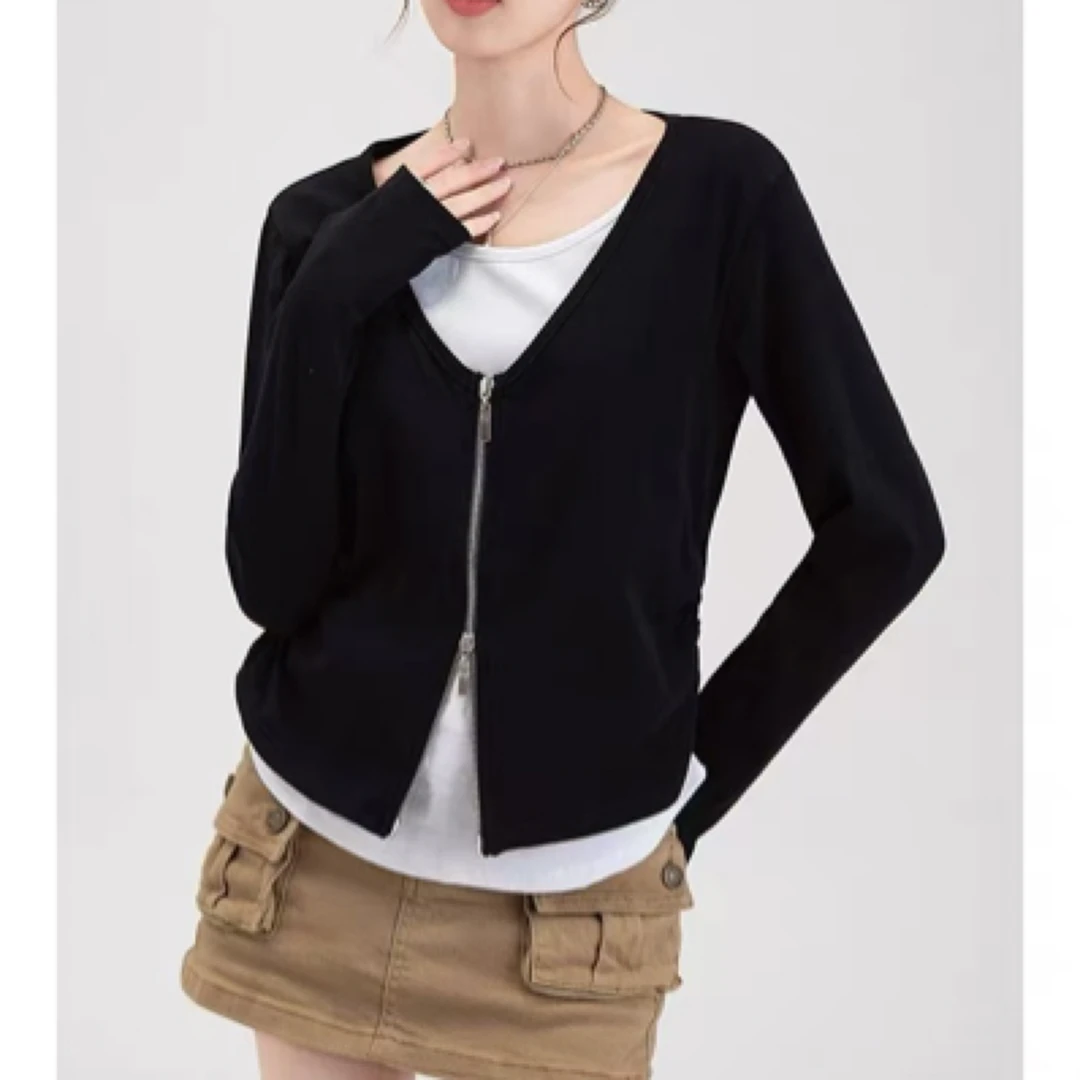 长袖拉链INS风T恤魅力假两件撞色打底衫