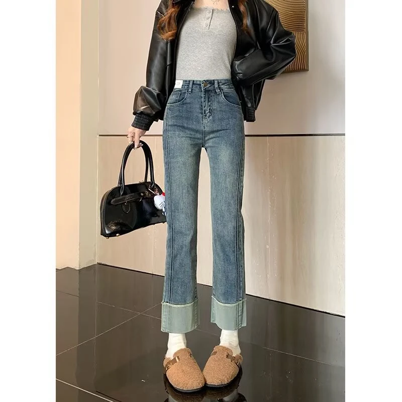九分弹力牛仔裤女春秋新款梨形身材小个子高腰显瘦直筒卷边烟管裤
