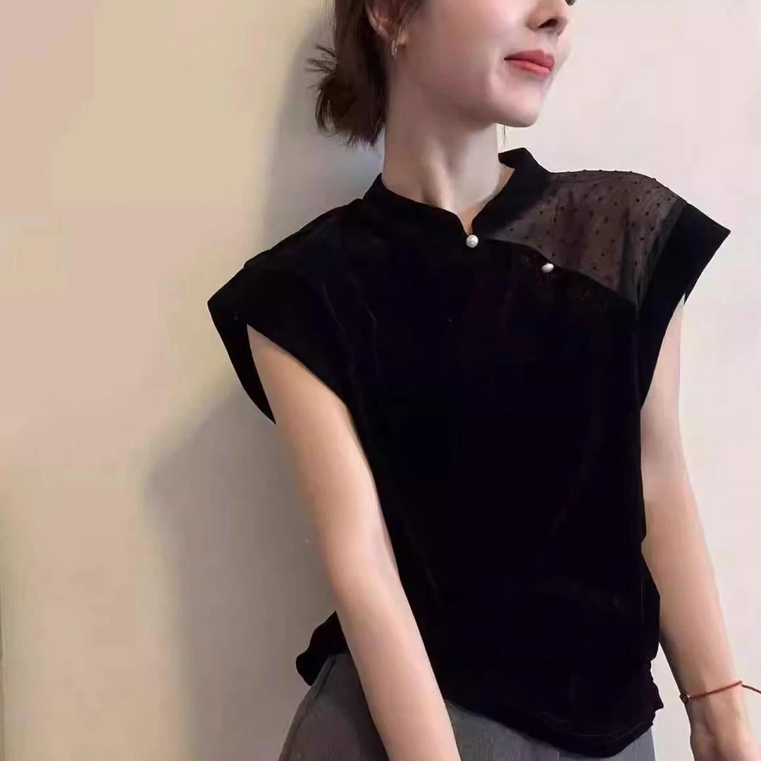 欧货高端大牌时髦气质微透拼接小衫2025夏季新中式盘扣飞飞袖上衣