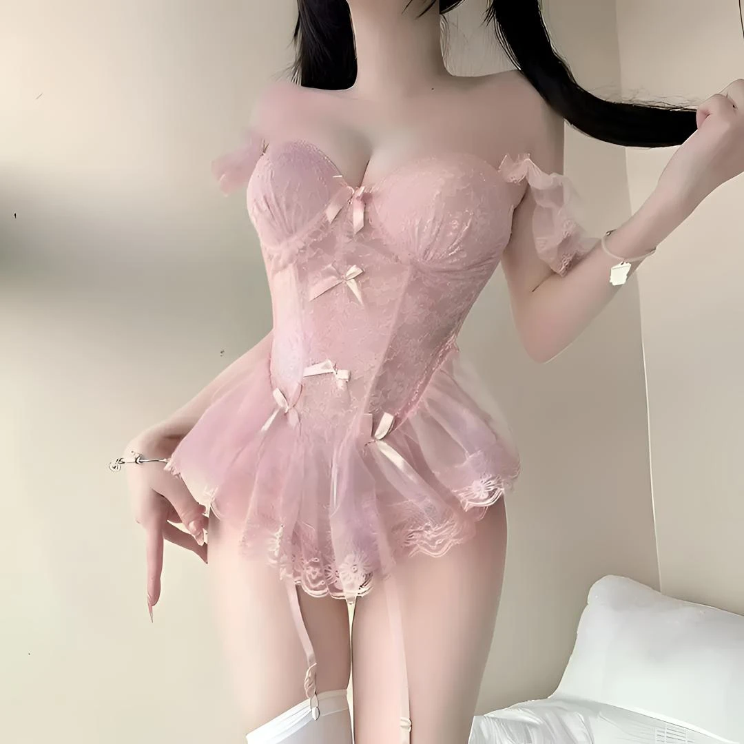 【蜜桃】蕾丝显瘦性感甜美修身鱼骨蝴蝶结蕾丝睡裙