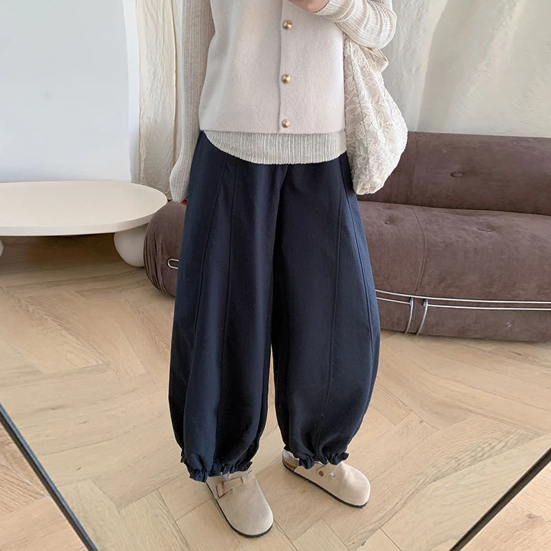 2025秋装藏青木耳边花苞九分阔腿裤女新款高腰宽松显瘦束脚休闲裤