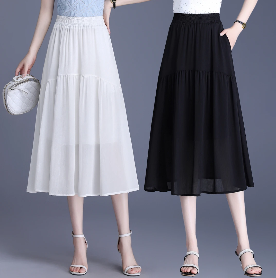 半身裙夏季薄款口袋时尚百搭半身裙抽褶高腰褶皱新中式白色A字裙