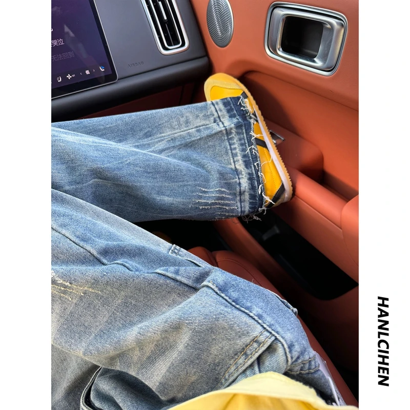 美式高街猫须刮烂牛仔裤男夏季显高显瘦复古做旧小众微喇窄版长裤